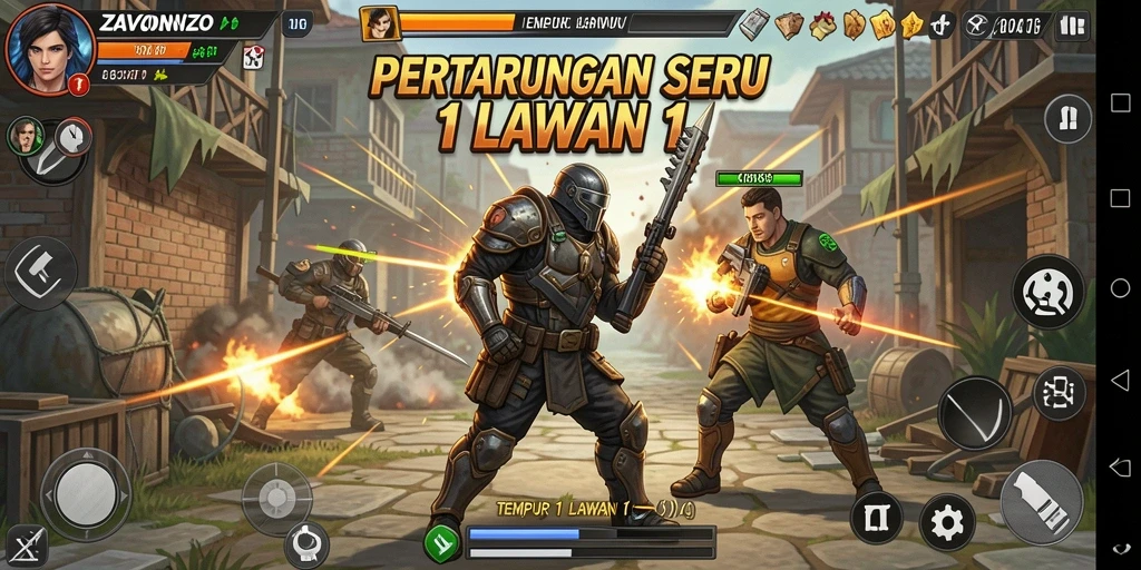 Antarmuka pertempuran seru dalam ZAVONZO menampilkan fitur Tempur 1 Lawan 1.