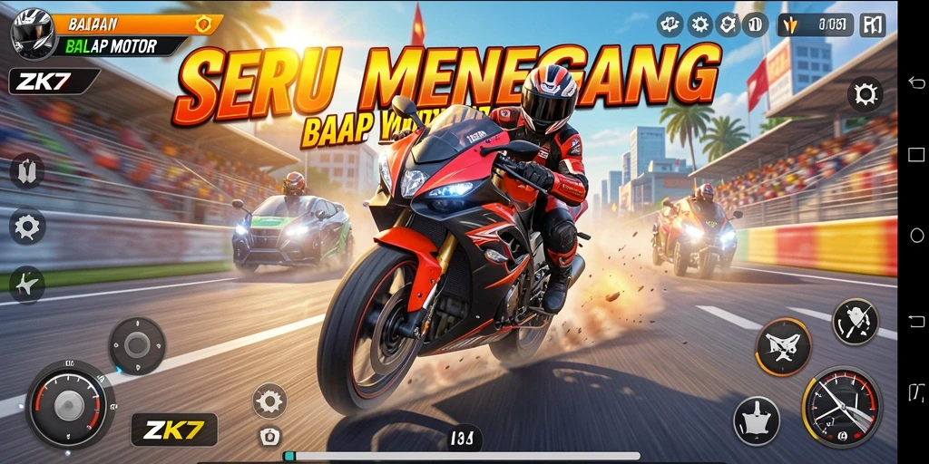 Antarmuka ZK7 menampilkan trek balapan motor yang mendebarkan.